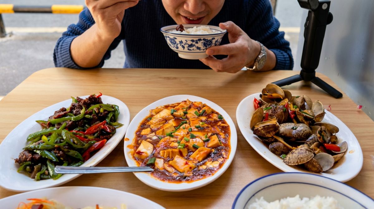 Diner enjoying tofu in chili sauce, stir-fried meat with peppers, clams and rice in Xiamen, China.
