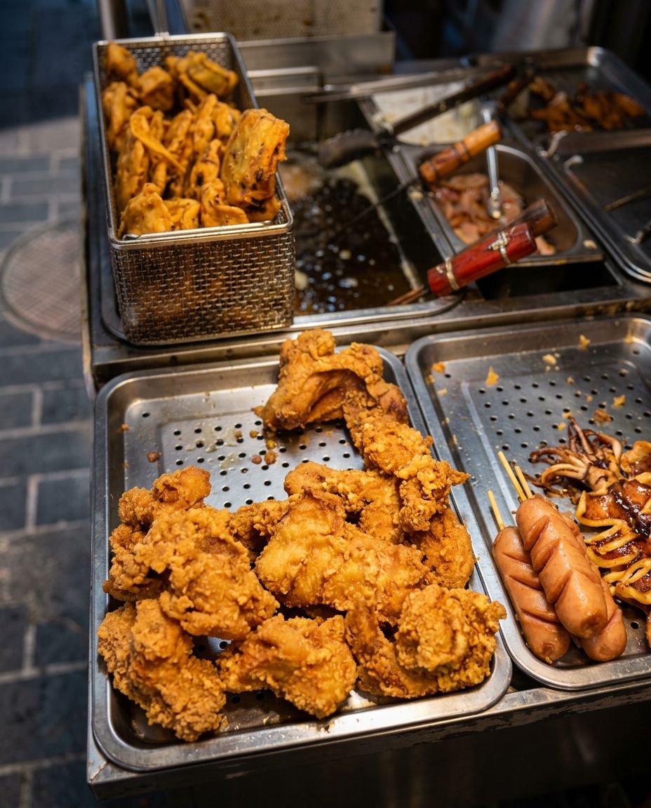 Golden fried snacks and scored sausage skewers on metal trays at a street food stall in Xiamen, China.